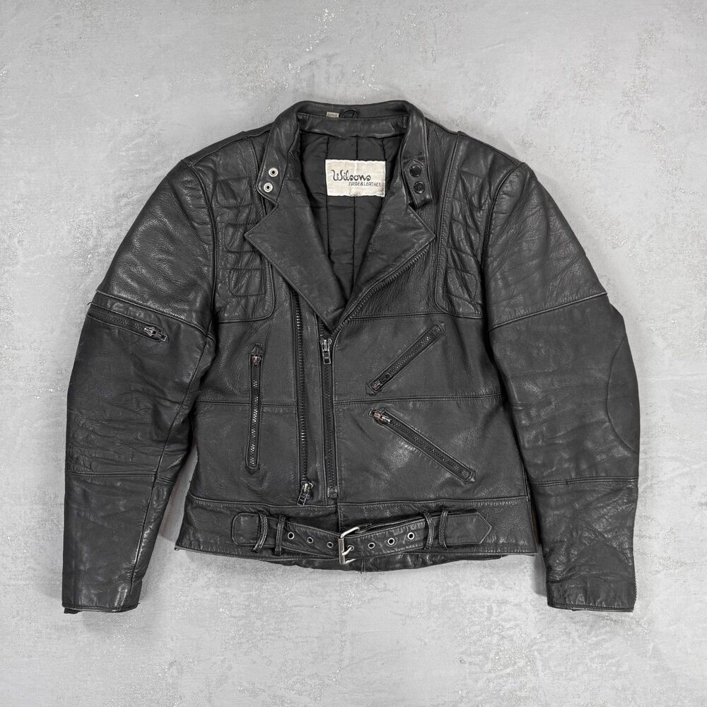 Vintage 70s-80s Wilsons Leather Black Leather Biker Jacket Men's 40, Fits S-M